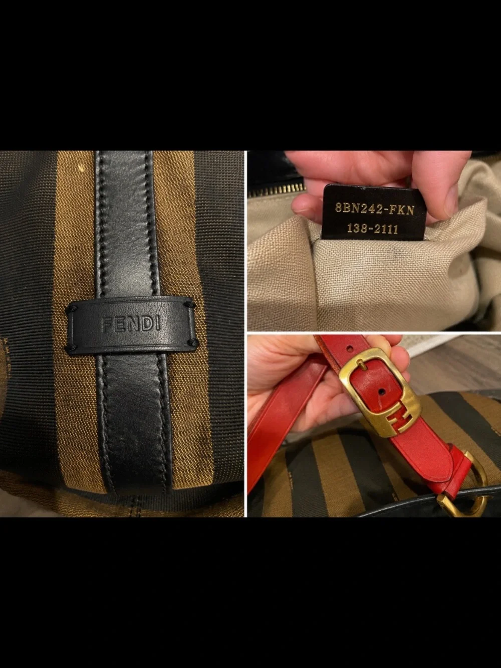 Authentic FENDI Pequin Stripe Large Canvas Leather Tote Bag 8BN242